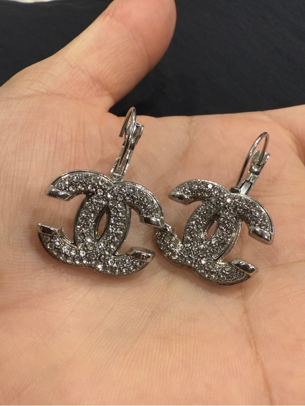 CC Silver Crystal Interlocking CC Drop Earrings